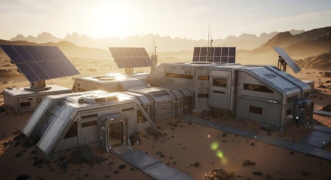 Futuristic desert research station, solar panels, sustainable energy, space exploration base