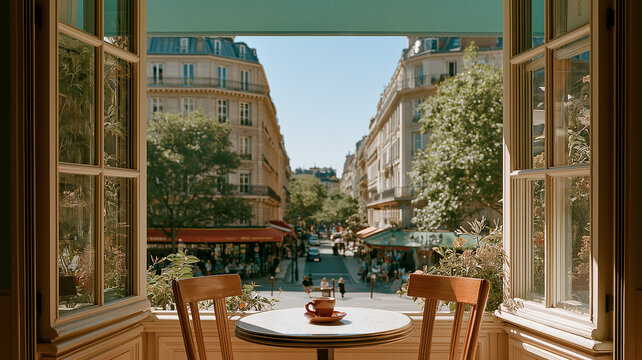 Charming Paris street view from a quaint cafe table on a sunny day Generative AI