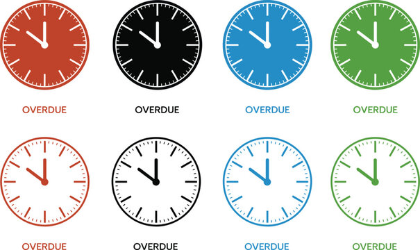 Clocks display overdue status in various colored circular dial icons for time management project tasks.