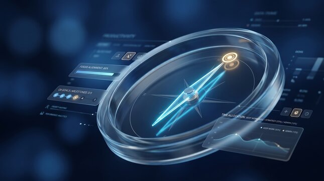 Compass glass navigational instrument floats amidst shifting market data visualizations and financial trend projections illustrating strategic business guidance in a highly volatile global economy.