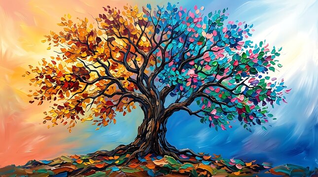 Multicolored tree with divided branches, autumn and spring foliage, abstract background, digital divided tree