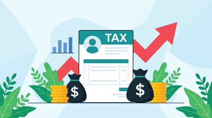 Naklejka premium Professional vector illustration of tax forms with money bags and rising growth arrows for financial reporting