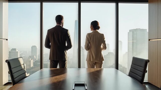 Business Professionals Looking Out Window Planning Corporate Growth and Strategic Vision