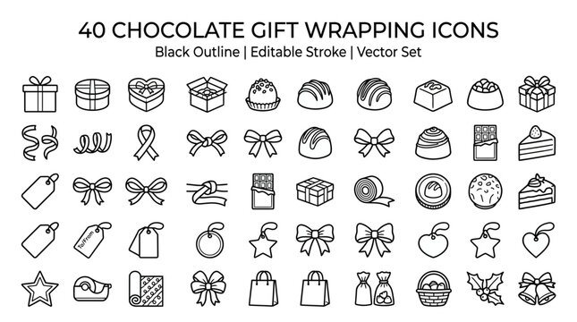 Assorted chocolate gift wrapping icons with editable strokes and vector elements