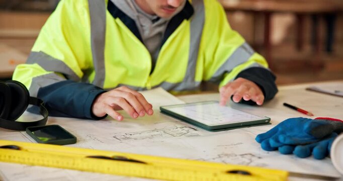 Tablet. blueprint and hands of construction worker on site for repairs, building or property development. Man, floor plan and civil engineer with digital technology for home renovation in office.