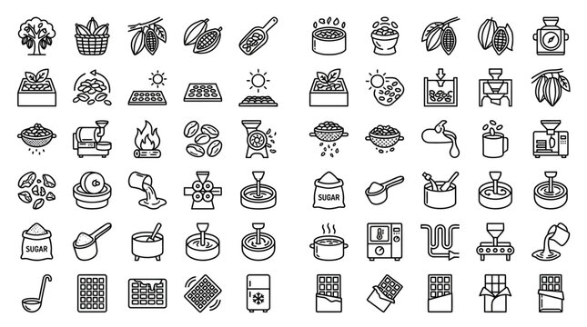 Industrial chocolate manufacturing process icons and cocoa production