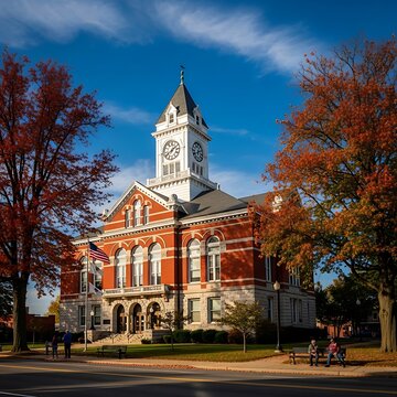 Historic Red Brick Courthouse with Clock Tower Surrounded by Autumn Trees