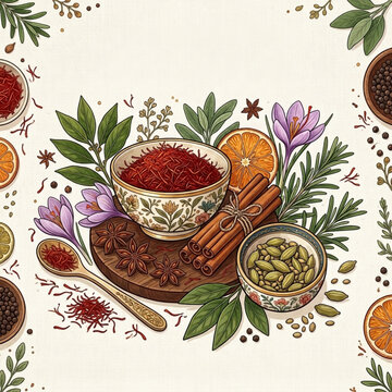Colorful illustration of spices and herbs with tea and cinnamon.
