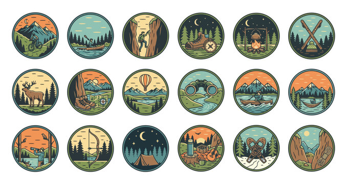 monoline badge logo icon sets outdoor adventure nature camping traveler
