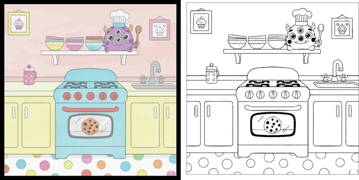 Cute Cartoon Monster Chef Baking Cookies in a Pastel Kitchen