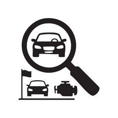 Naklejka premium Car search icon with magnifying glass and vehicle silhouettes