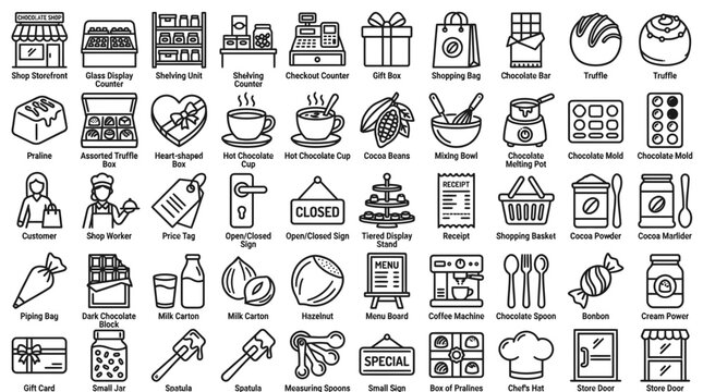 Comprehensive chocolate shop and confectionery outline icon collection