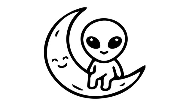 Smiling alien sitting on crescent moon, cartoon illustration