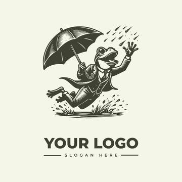 Vintage style illustration of a dapper frog wearing a suit and holding an umbrella in the rain.