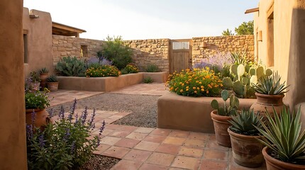 Naklejka premium Beautiful desert courtyard garden with cactus plants and terracotta walls in a sunny summer day. arizona yard