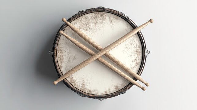 3D illustration of a drum with wooden drumsticks placed on top.