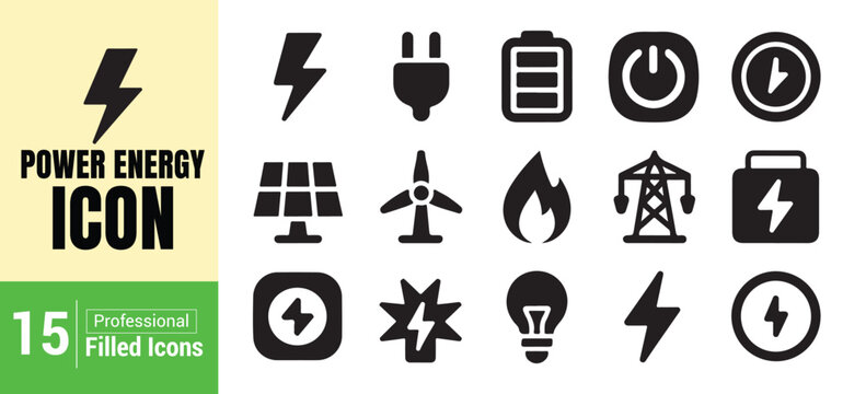 Power energy flat icons set for renewable clean electricity generation and consumption.