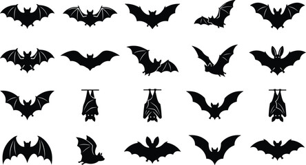 Fototapeta premium Bat set, collection of hand-drawn flying and hanging mammals.