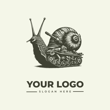 Creative illustration of a snail combined with a military tank for a unique logo design.