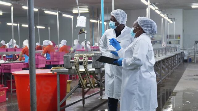Quality control managers inspecting seafood processing facility, Team of industrial employees wearing sanitary uniform and masks in food factory, Factory supervisors overseeing food production line