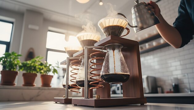 Barista carefully pours hot water into multiple pour over coffee drippers in a bright cafe