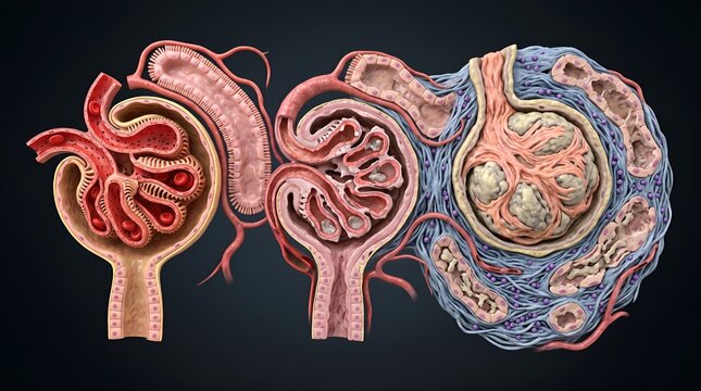 Advanced 3D medical visualization of human kidney nephron anatomy, detailing glomerulus and vital renal filtration stages