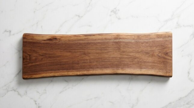 Empty wooden charcuterie board on white marble surface. Elegant arrangement suggests future use. Soft shadows and clean composition