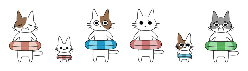 浮き輪をつけた三世代のかわいい猫家族の夏イラスト © 見ッシェル お花