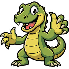 Obraz premium A cartoon green alligator stands on its hind legs in a playful stance on land with an open mouth and sharp teeth.