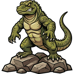 Fototapeta premium A muscular cartoon crocodile stands on rocks in a powerful stance.