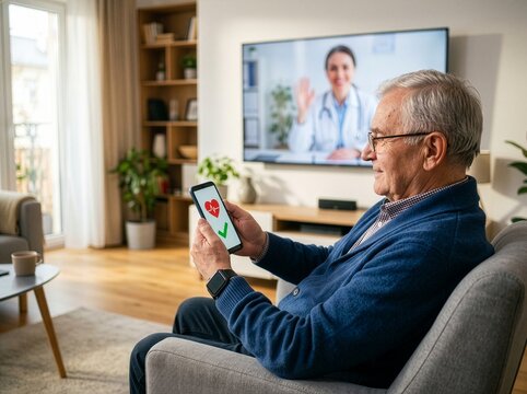 Senior  siedzi w fotelu trzymając smartfon, na kt&oacute;rego ekranie widać ikonę serca (puls) oraz zielony ptaszek (check-mark) oznaczający dobry stan zdrowia. W tle na ekranie telewizora widać lekarza.