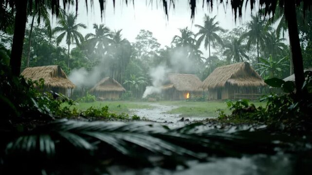 Rain falls gently over a quiet village where thatched huts are partially hidden by greenery. Soft mist rises from the ground, creating a serene ambiance