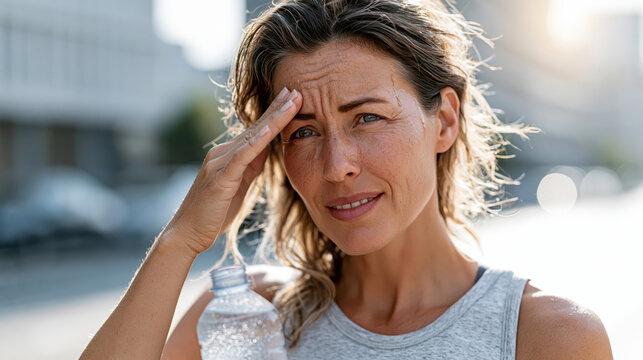 Woman feeling exhausted by extreme summer heatwave, wiping sweat from forehead, experiencing dehydration and headache during high temperatures outdoors