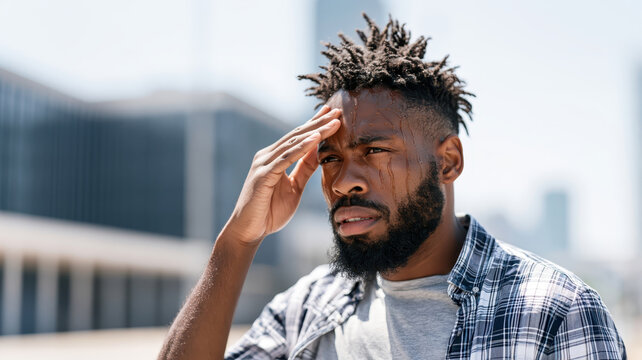 Young african american man experiencing extreme heat and discomfort, feeling exhausted and dehydrated during a summer heatwave in the city outdoors