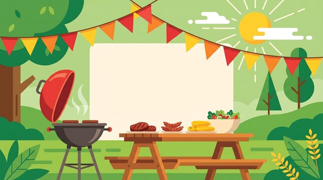 Vibrant Summer Barbecue Party Invitation Background Illustration with Picnic Table, Grill, and Festive Bunting Under a Sunny Sky