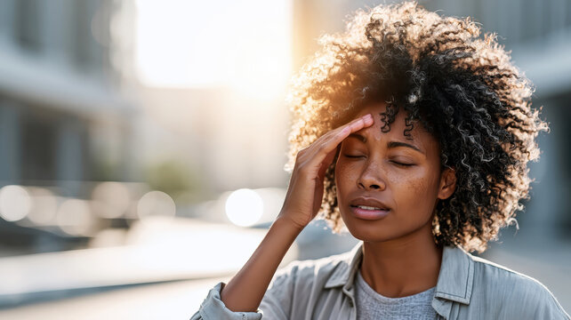 Young black woman feeling intense headache or migraine pain, closing her eyes outdoors and touching her forehead, expressing discomfort, exhaustion, and frustration from a stressful situation
