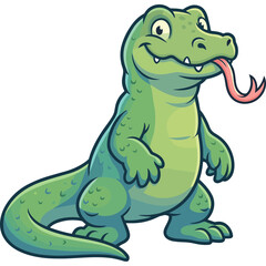 Fototapeta premium A cartoon green dinosaur with big eyes and a long tongue is standing and smiling.