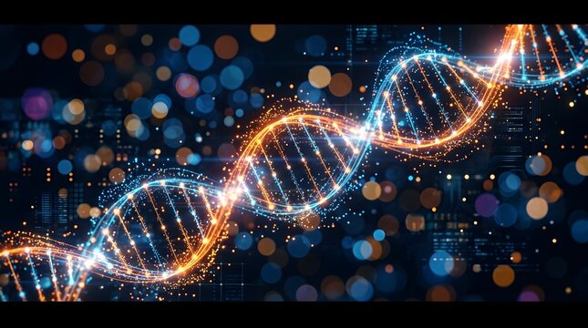 Abstract glowing dna double helix with bokeh lights and circuit board background