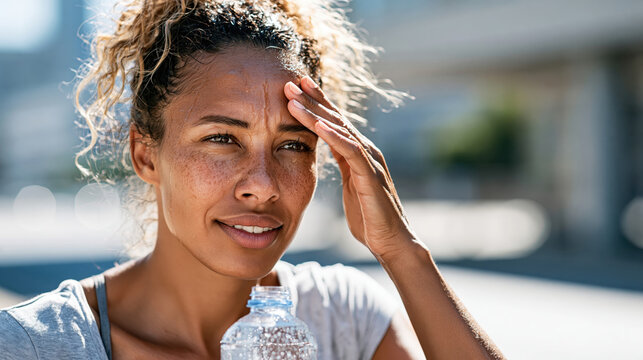 Exhausted young woman feeling extreme heat and sun while wiping sweat from her forehead, experiencing fatigue, headache, and thirst during a fitness workout from dehydration