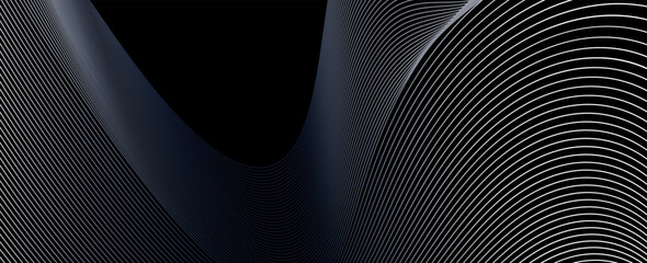 Naklejka premium Abstract background with flowing white and grey wavy lines on a black backdrop. Modern futuristic linear pattern design for trendy panoramic banners and headers.