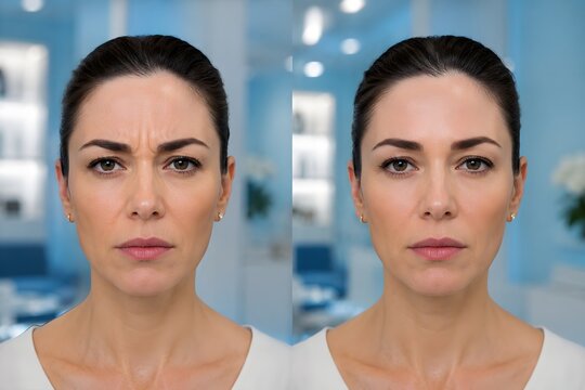 Before and After Botulinum Toxin Treatment Comparison, Beautiful Woman Face, Facial Rejuvenation, Hyper Realistic Cosmetic Procedure Concept