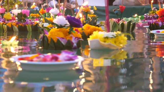 Ritual river offerings during festivals of light and water in Southeast Asian countries. For example, it calls in Thailand as Loy Krathong Festival or Yi Peng in Chiang Mai. 