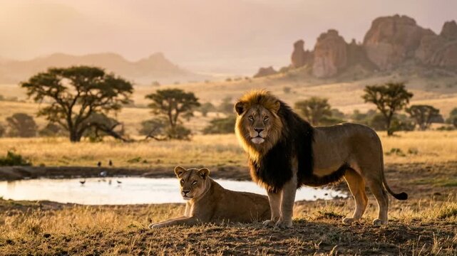 two cape lions resting at golden light close up serene savanna composition