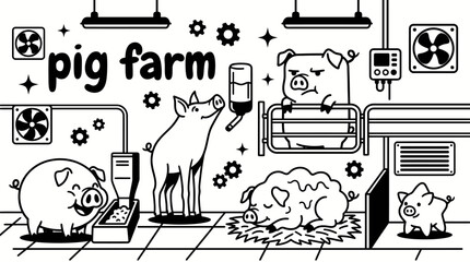 healthy pigs living on a modern pig farm with fenced breeding areas feeding stations clean barns agricultural facilities and peaceful rural landscape for commercial vector illustration design © samira