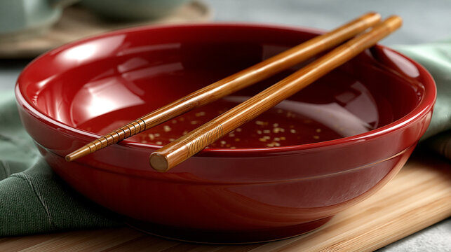 Empty red ceramic bowl for asian cuisine with a pair of wooden chopsticks on a cutting board