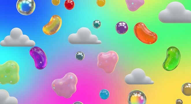 Abstract 3D background with floating jelly beans and fluffy clouds on colorful gradient.