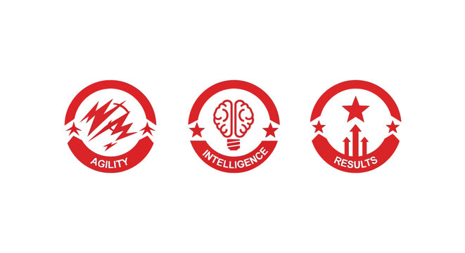 Three red circular badges with icons and text.