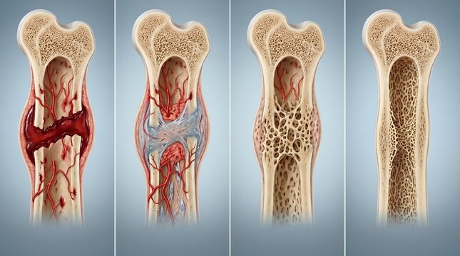 Detailed medical illustration showcasing the progression of bone health, from acute injury healing to the development of porous bone structures like osteoporosis over time
