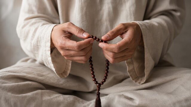 Hands resting in a lap wearing a light beige textured linen robe while holding smooth brown wooden prayer beads