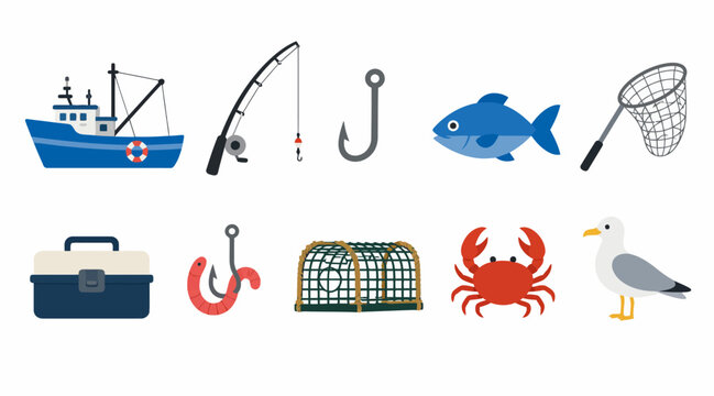 Colorful fishing and sea life illustration set.